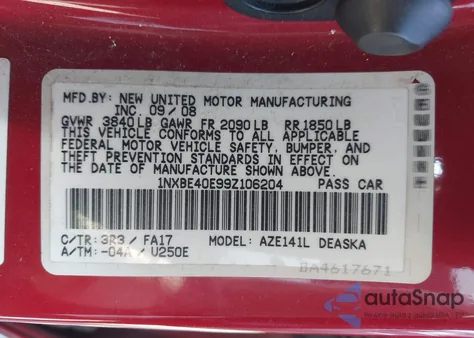 2009 Toyota Corolla Xrs from USA, damaged, VIN 1NXBE40E99Z106204